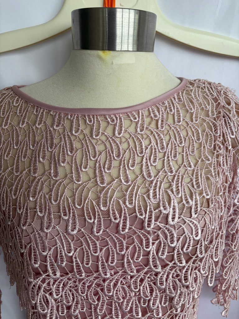 Vintage 70s Pink Formal Dress & Lace Elegant Cottagecore Sz 12, 19” Ptp, 44” L — image 2 of 6